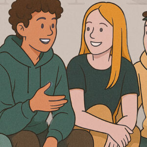 Vier junge Menschen im lockeren Austausch bei Talk and Chill Veranstaltung der Lebenshilfe Alfeld